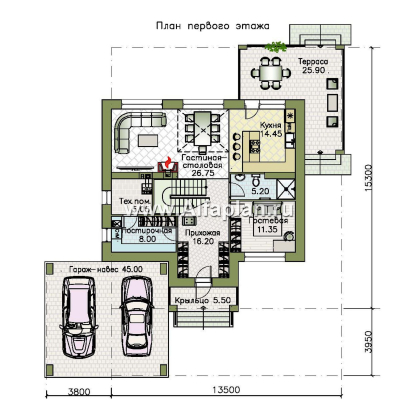 «Вермеер» - проект двухэтажного дома, планировка с мастер спальней, со вторым светом и с террасой, в стиле минимализм с плоской крышей - превью план дома
