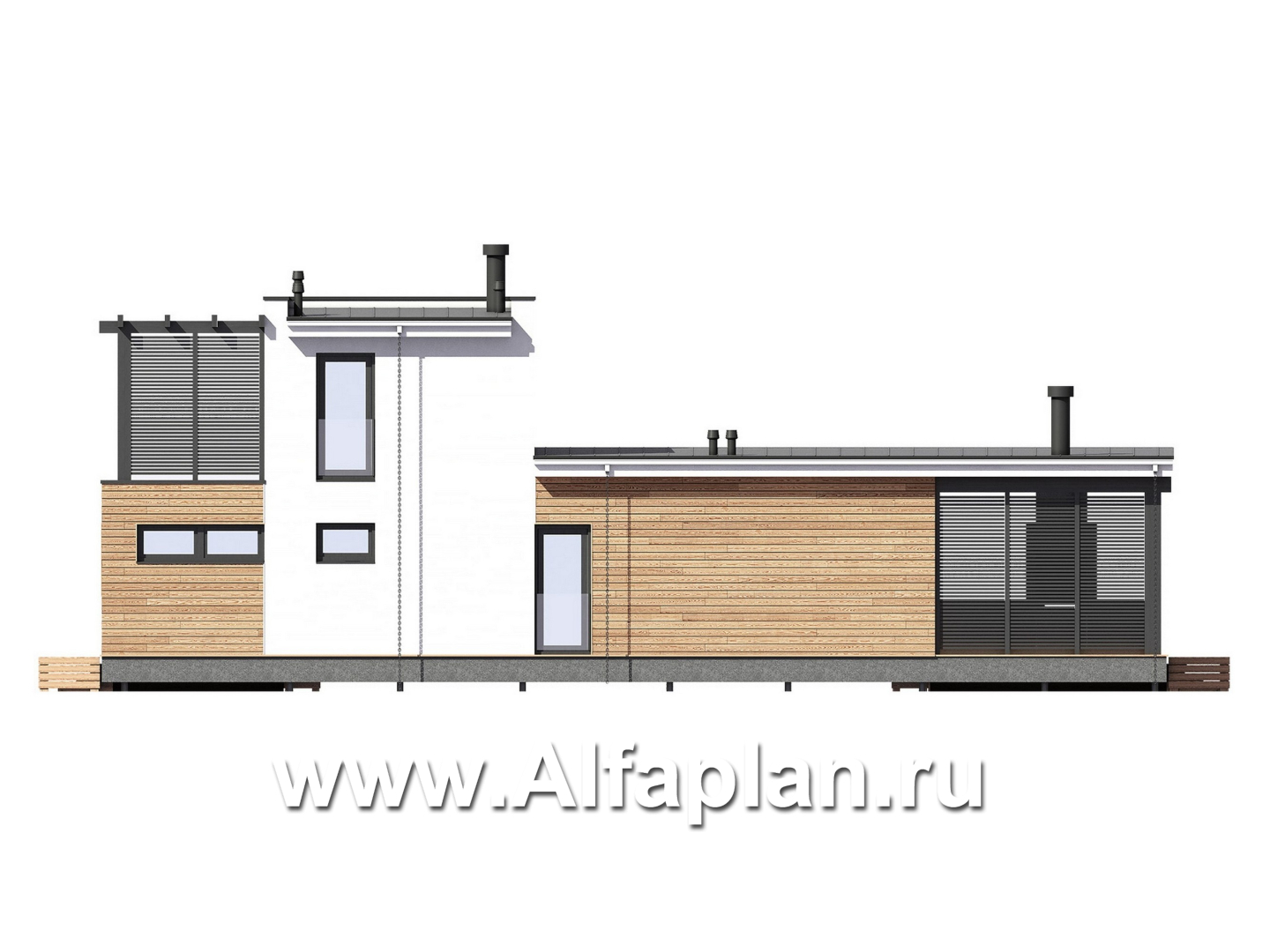 Проект бани, дома для отдыха в стиле хай-тек, с террасой и с плоской крышей - фасад дома