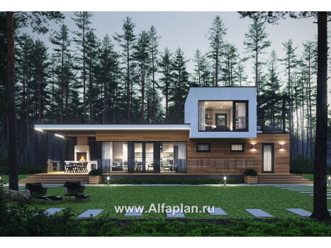Проект бани, дома для отдыха в стиле хай-тек, с террасой и с плоской крышей - превью дополнительного изображения №2