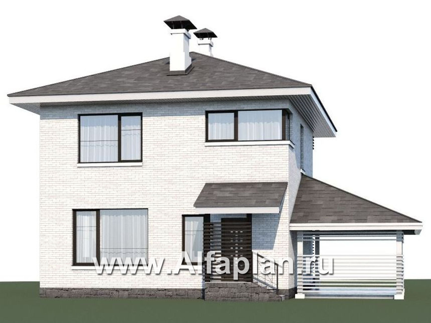 Проект двухэтажного дома из кирпича «Серебро», с террасой и с навесом для авто - дизайн дома №1