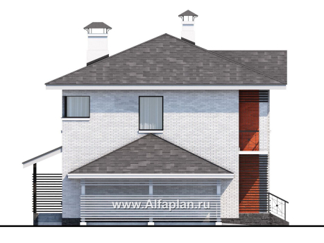Проект двухэтажного дома из кирпича «Серебро», с террасой и с навесом для авто - превью фасада дома