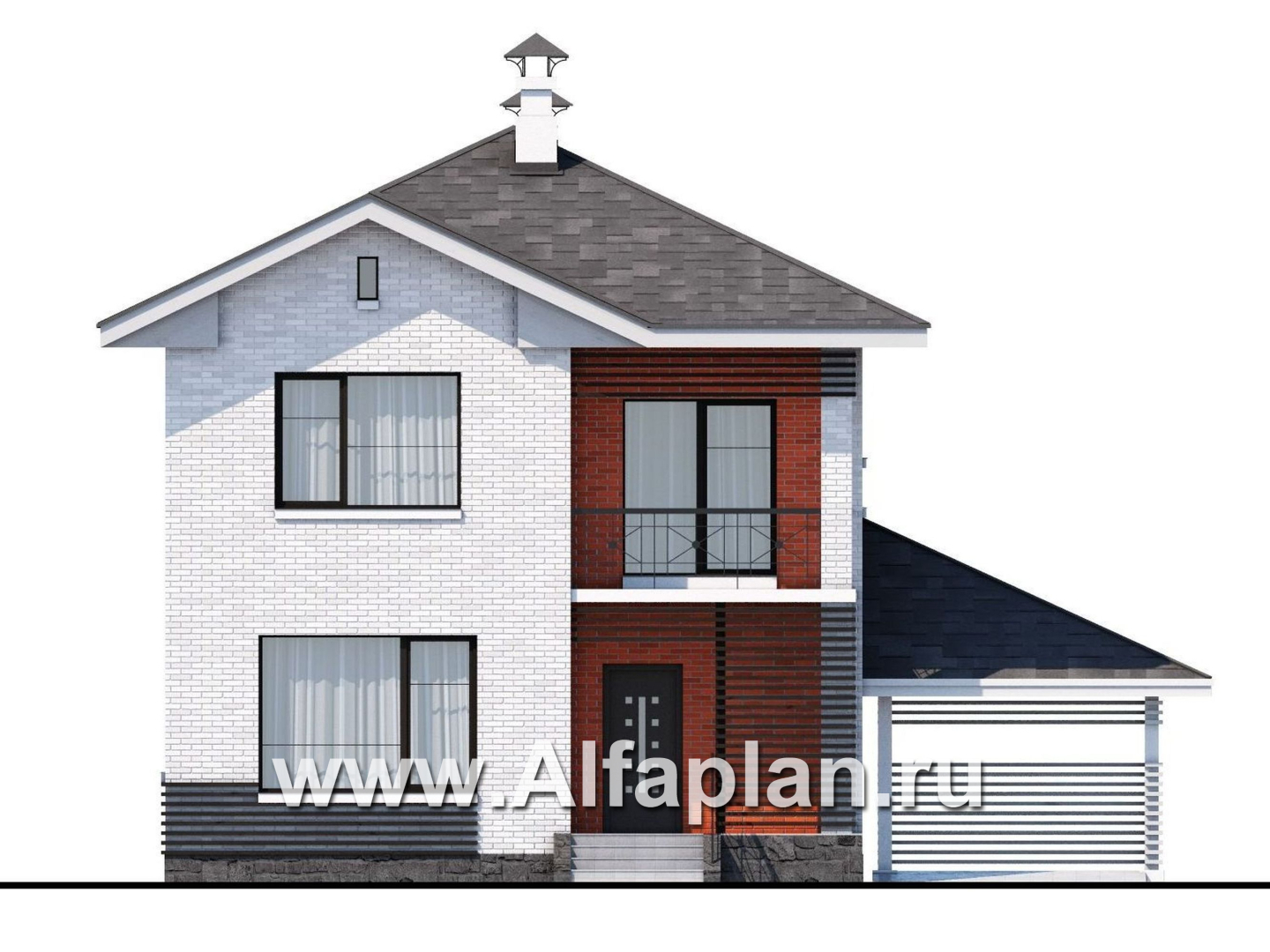 Проекты домов Альфаплан - Проект двухэтажного дома из кирпича «Серебро», с навесом для авто - изображение фасада №1