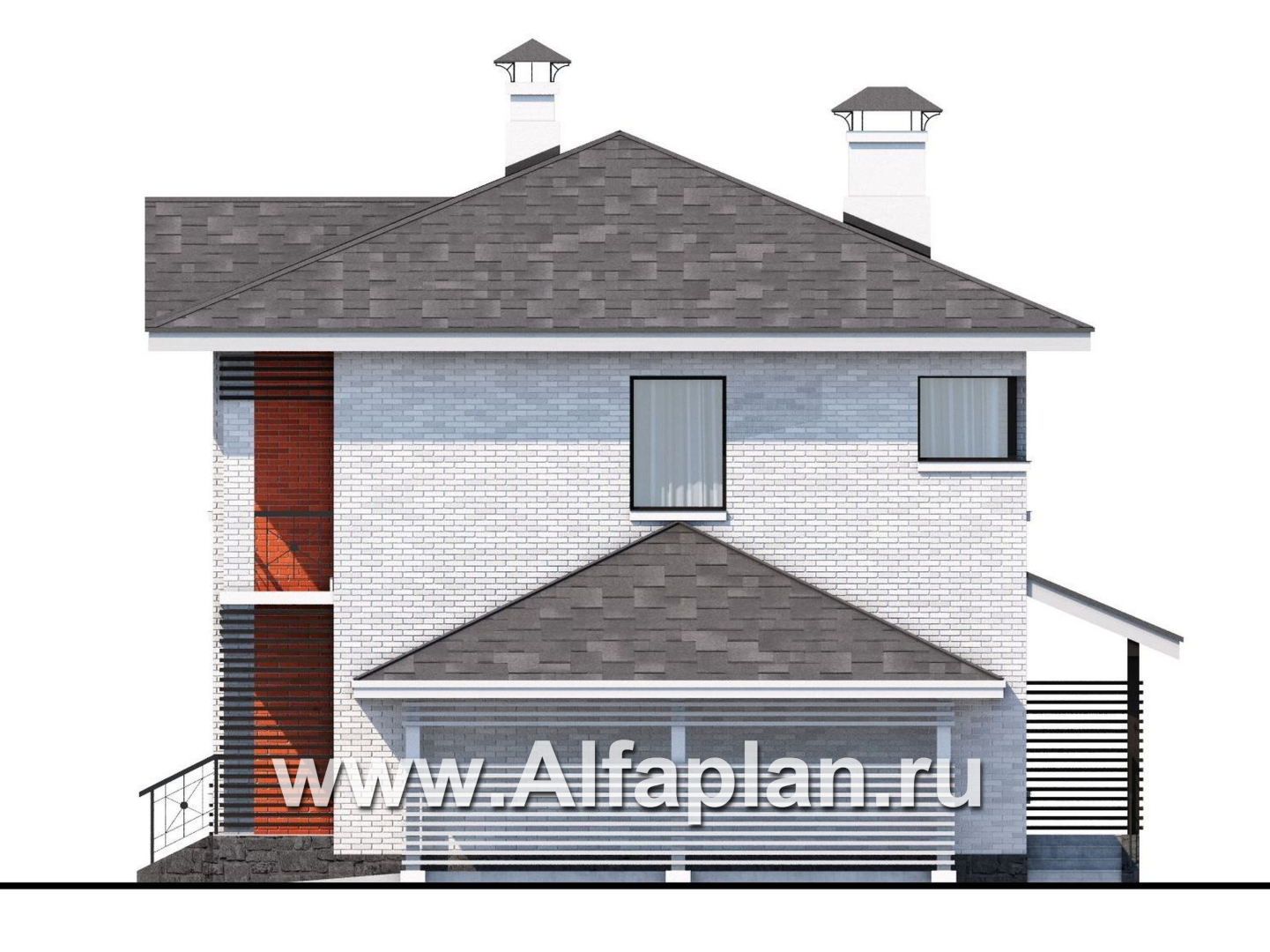 Проекты домов Альфаплан - Проект двухэтажного дома из кирпича «Серебро», с навесом для авто - изображение фасада №3