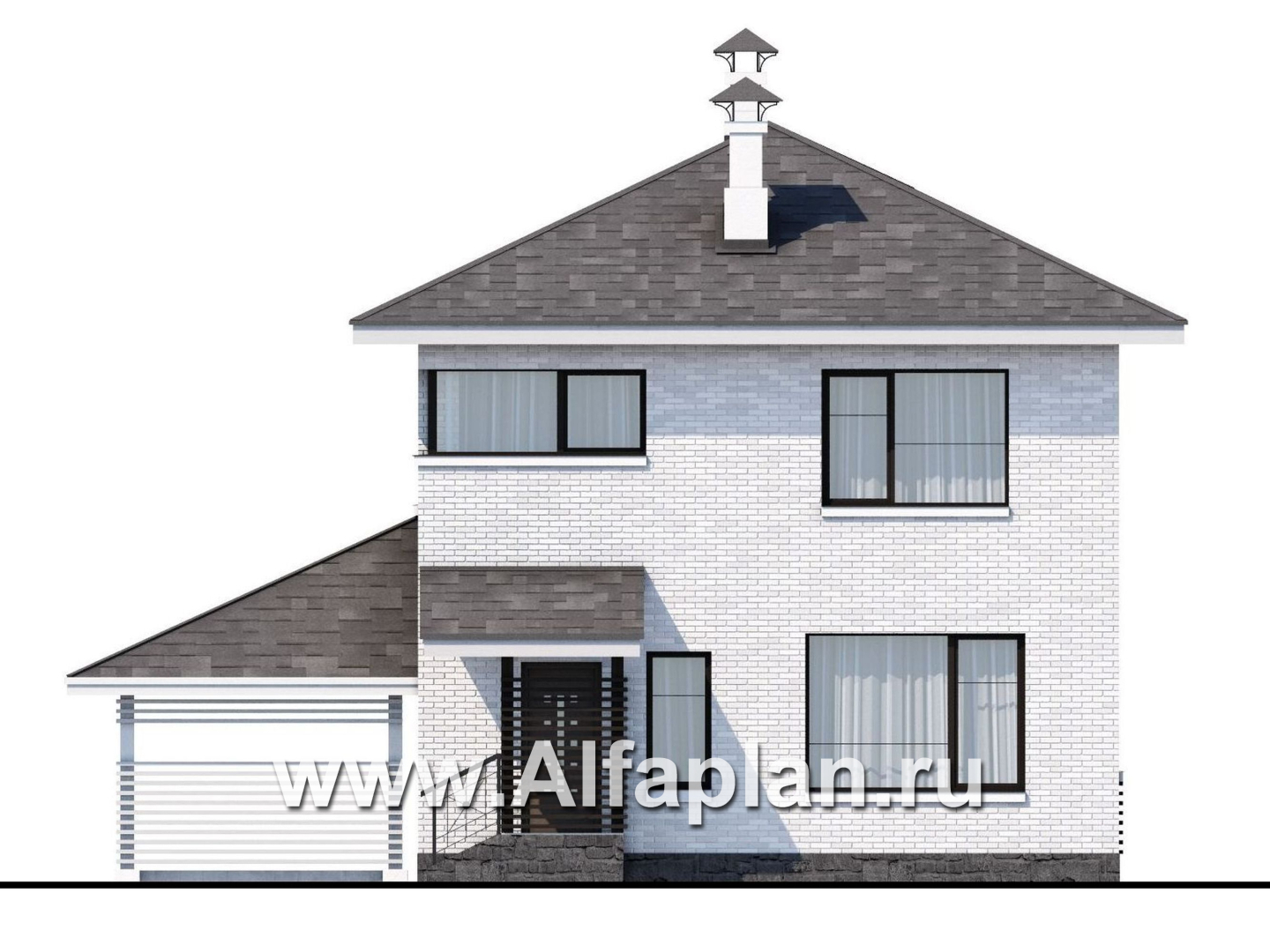 Проекты домов Альфаплан - Проект двухэтажного дома из кирпича «Серебро», с навесом для авто - изображение фасада №4
