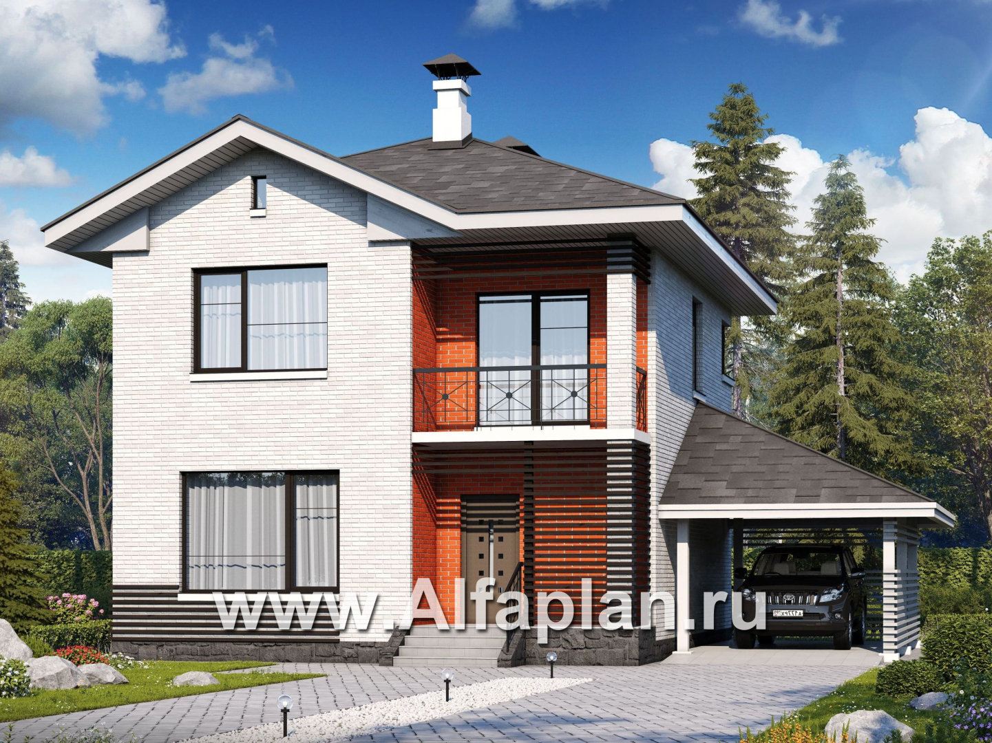 Проекты домов Альфаплан - Проект двухэтажного дома из кирпича «Серебро», с навесом для авто - основное изображение
