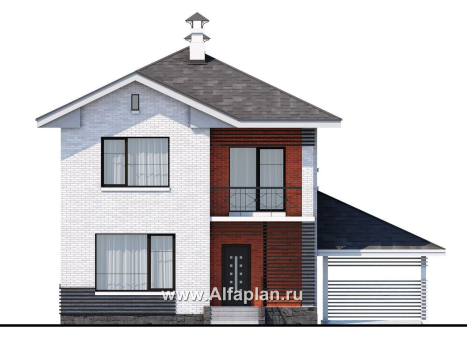 Проекты домов Альфаплан - Проект двухэтажного дома из кирпича «Серебро», с навесом для авто - превью фасада №1