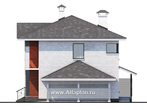 Проекты домов Альфаплан - Проект двухэтажного дома из кирпича «Серебро», с навесом для авто - превью фасада №3