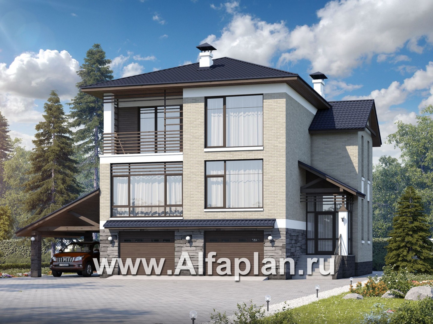 Проекты домов Альфаплан - «Линия горизонта» - современный коттедж - в цоколе - основное изображение