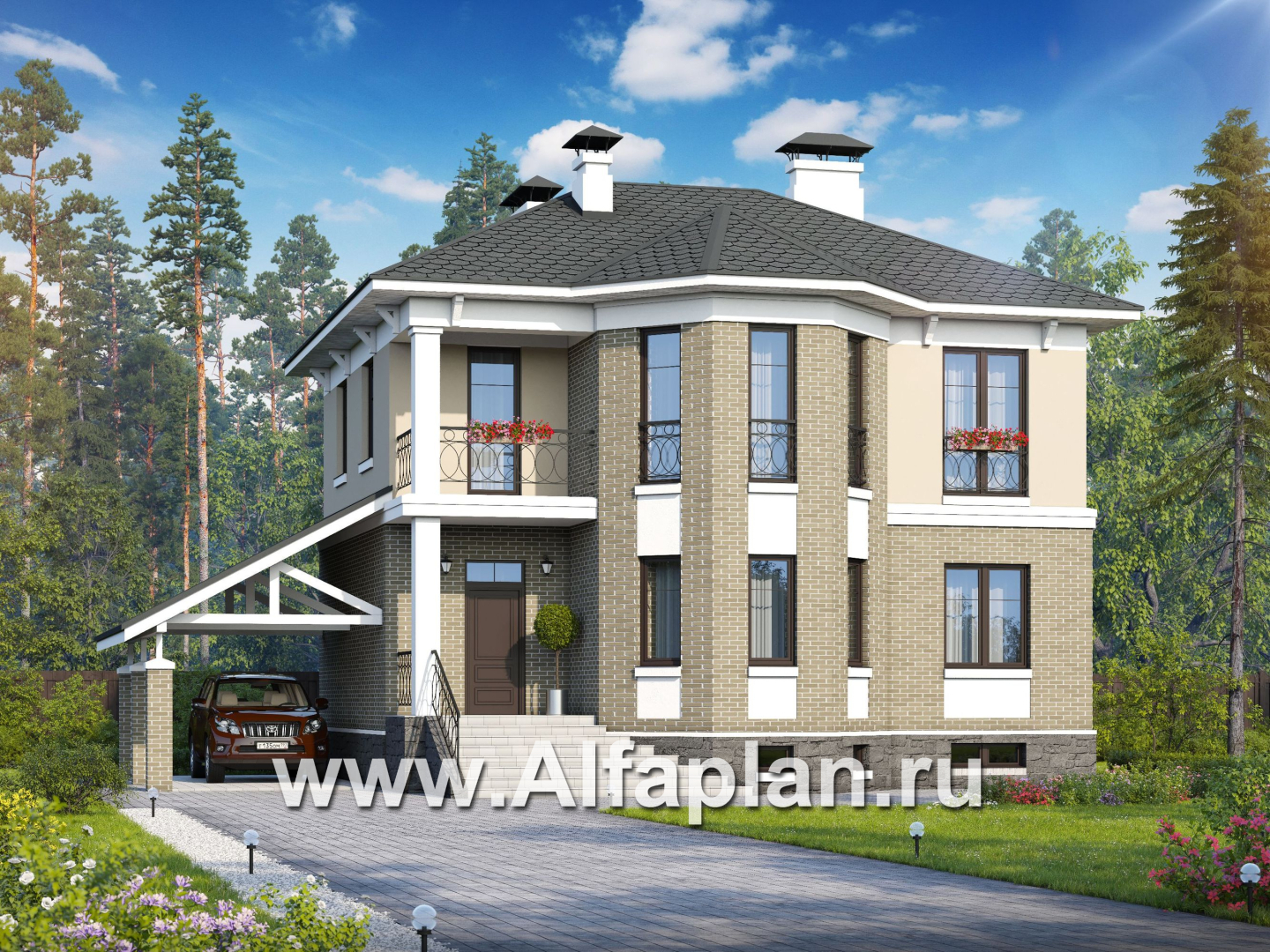 Проекты домов Альфаплан - «Классический плюс» - классический  особняк с цокольным этажом - основное изображение