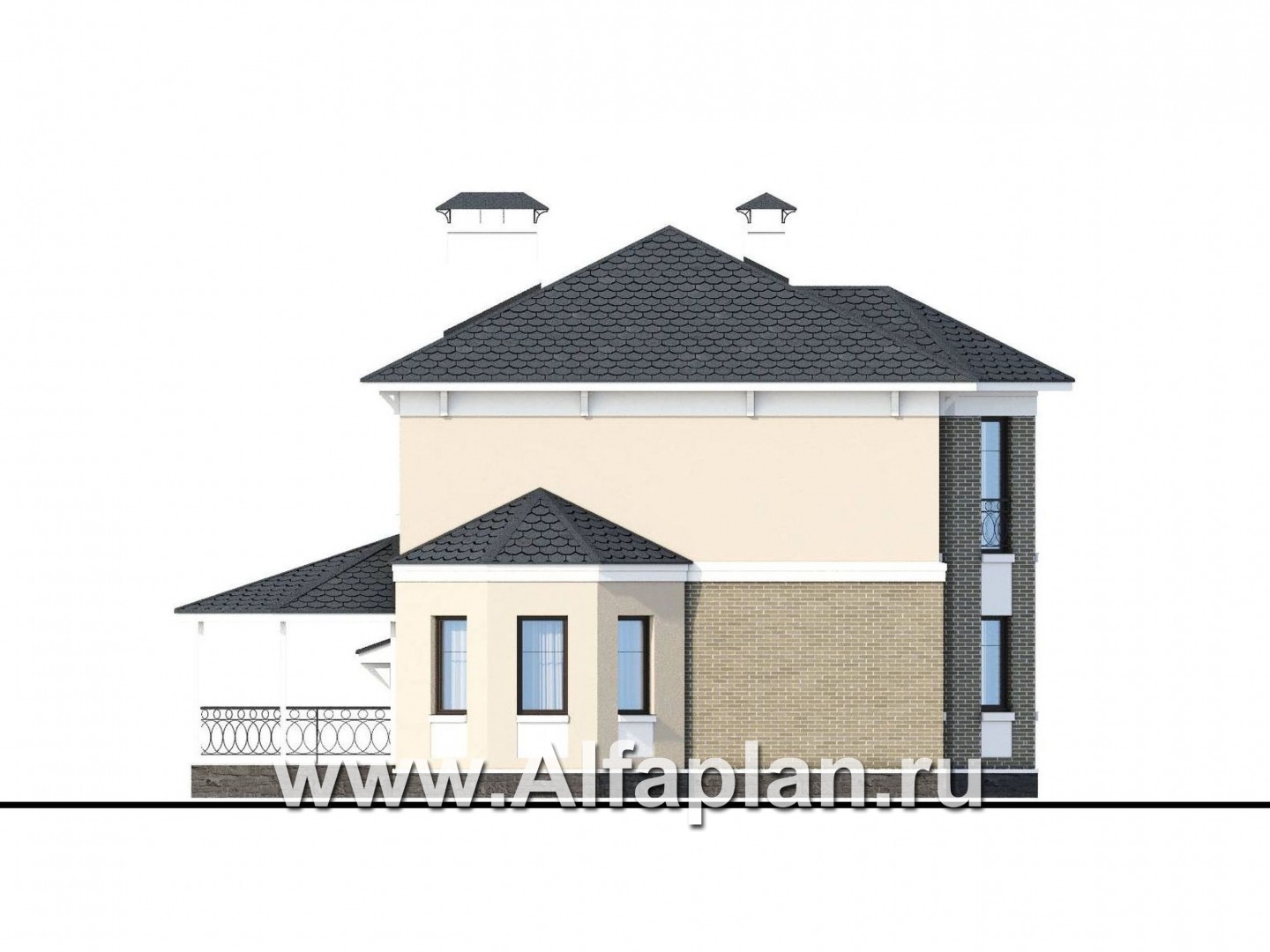 Проекты домов Альфаплан - «Классика» - двухэтажный особняк с эркером и гаражом на два автомобиля - изображение фасада №2