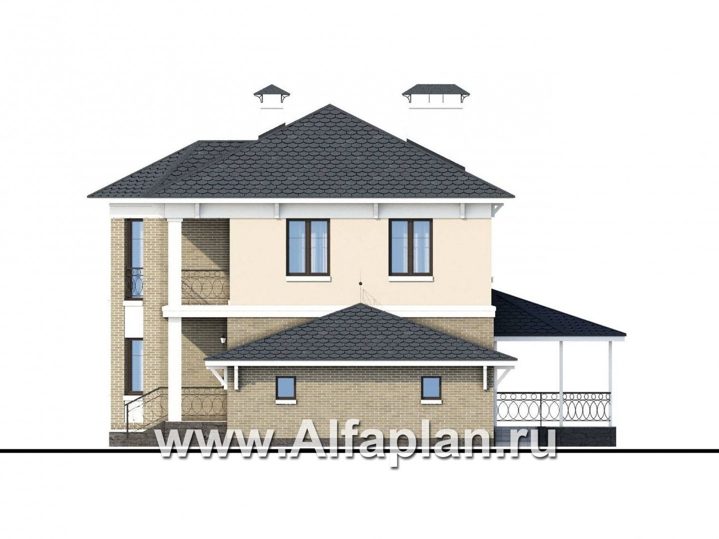 Проекты домов Альфаплан - «Классика» - проект двухэтажного дома, с террасой, с гаражом на 2 авто - изображение фасада №4