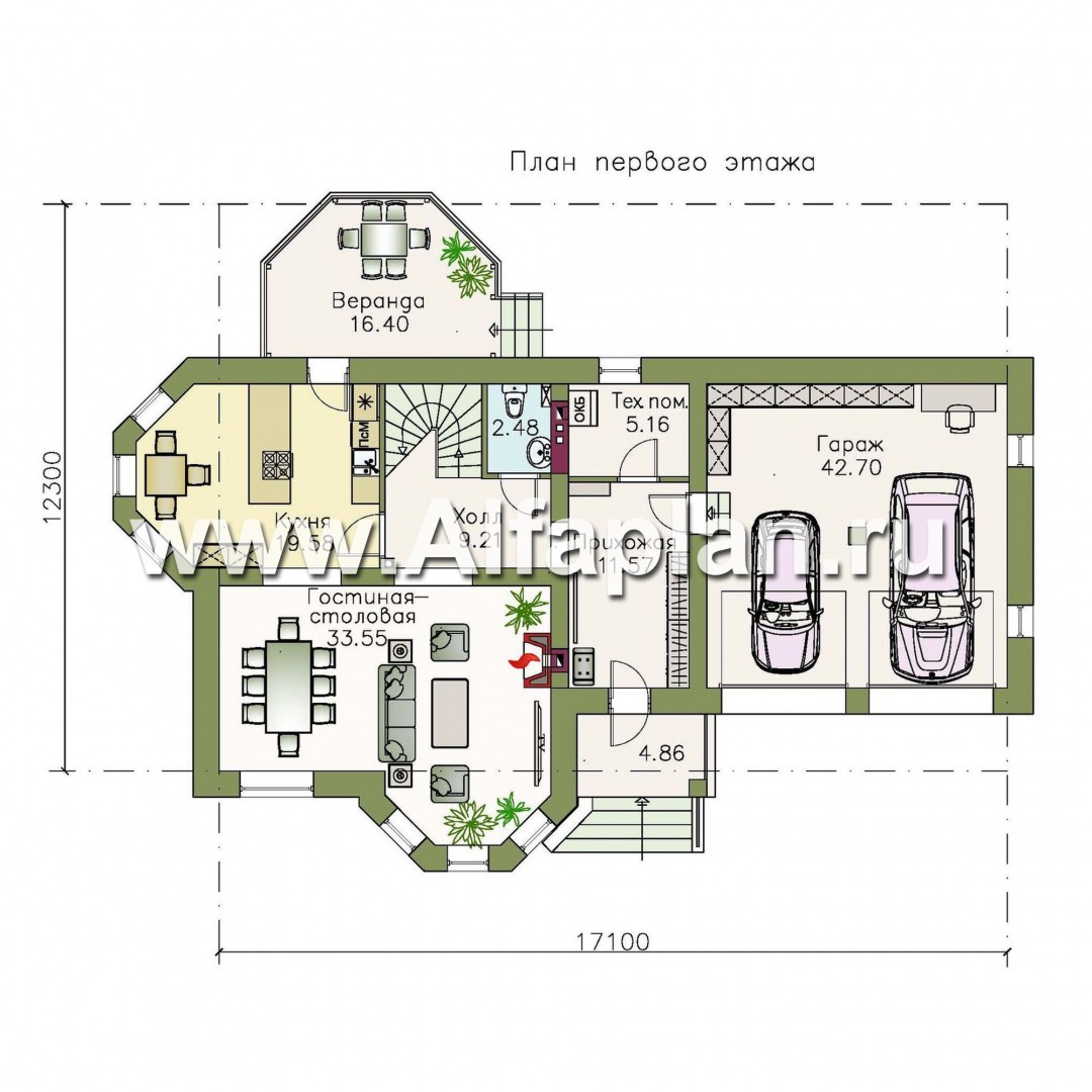 Проекты домов Альфаплан - «Классика» - двухэтажный особняк с эркером и гаражом на два автомобиля - план проекта №1