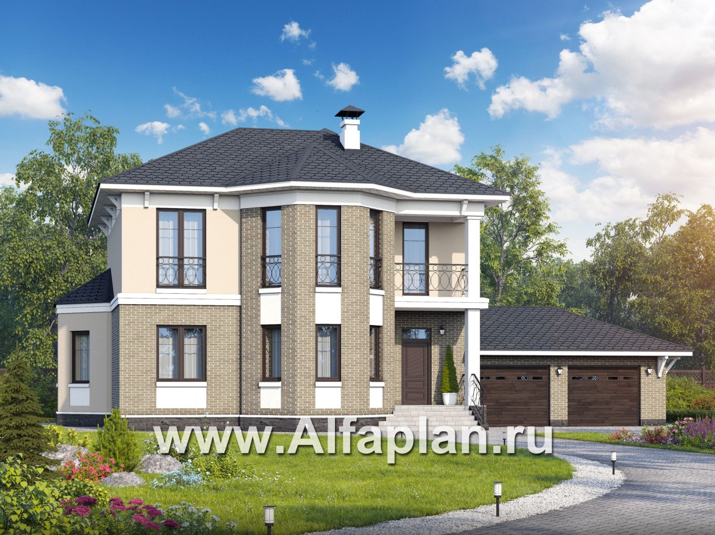 Проекты домов Альфаплан - «Классика» - проект двухэтажного дома, с террасой, с гаражом на 2 авто - основное изображение