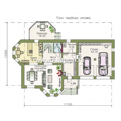 Проекты домов Альфаплан - «Классика» - проект двухэтажного дома, с террасой, с гаражом на 2 авто - превью плана проекта №1