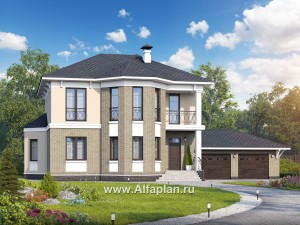 Проекты домов Альфаплан - «Классика» - проект двухэтажного дома, с террасой, с гаражом на 2 авто - превью основного изображения