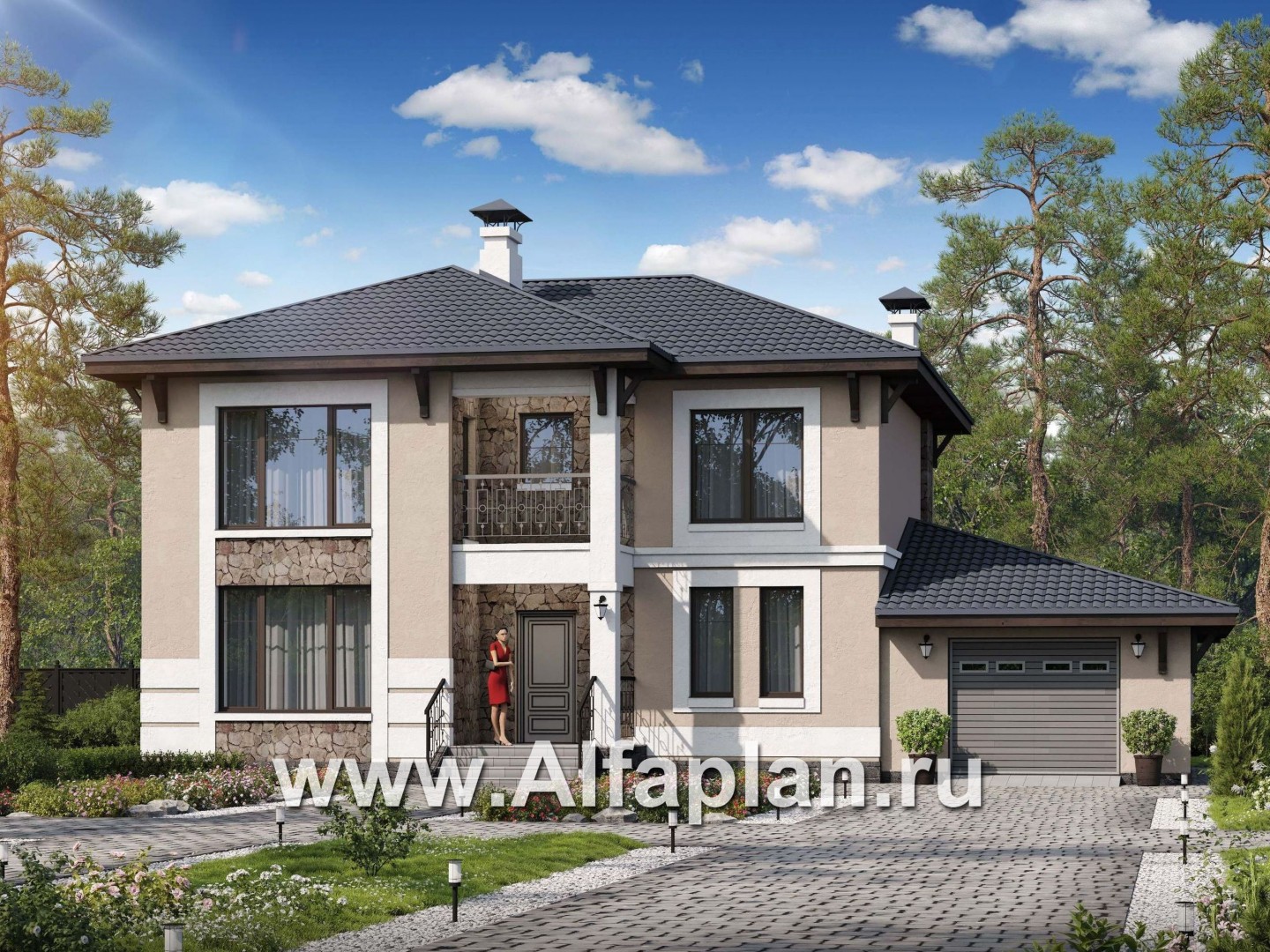 Проекты домов Альфаплан - «Манор» — сбалансированный комфортный коттедж с гаражом - основное изображение