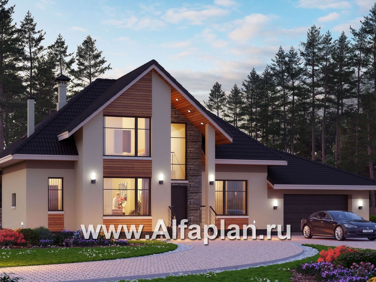 Проекты домов Альфаплан - «Кассиопея» - комфортабельный мансардный дом с большим гаражом - основное изображение