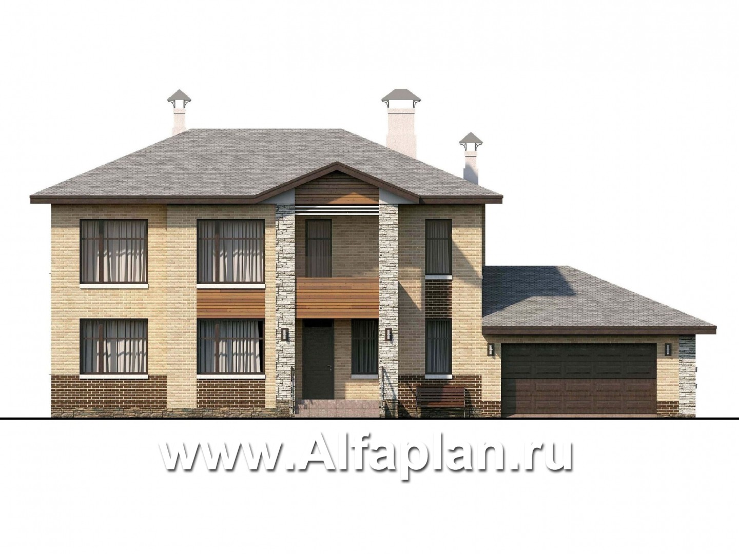 Проекты домов Альфаплан - «Высшая лига» -  Дом с двумя жилыми комнатами на 1эт, с гаражом на два автомобиля - изображение фасада №1