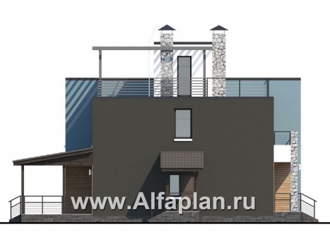 Проекты домов Альфаплан - «Сектор счастья» - коттедж для узкого участка с «зеленой» кровлей - превью фасада №3