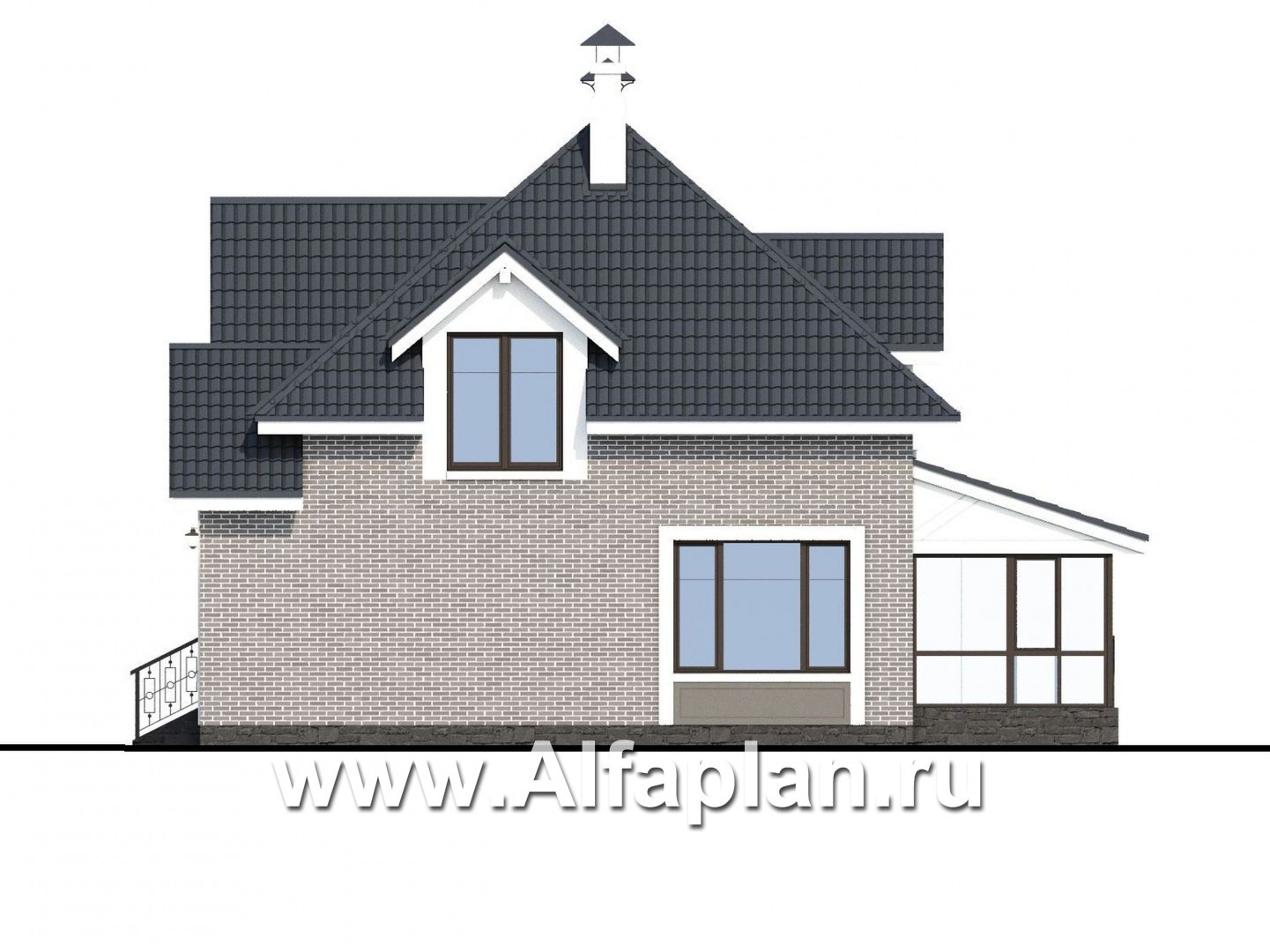 Проекты домов Альфаплан - «Лас Флорес» - проект дома с мансардой, с эркером и с кабинетом, с террасой, в стиле замка, оптимальная планировка дома - изображение фасада №2