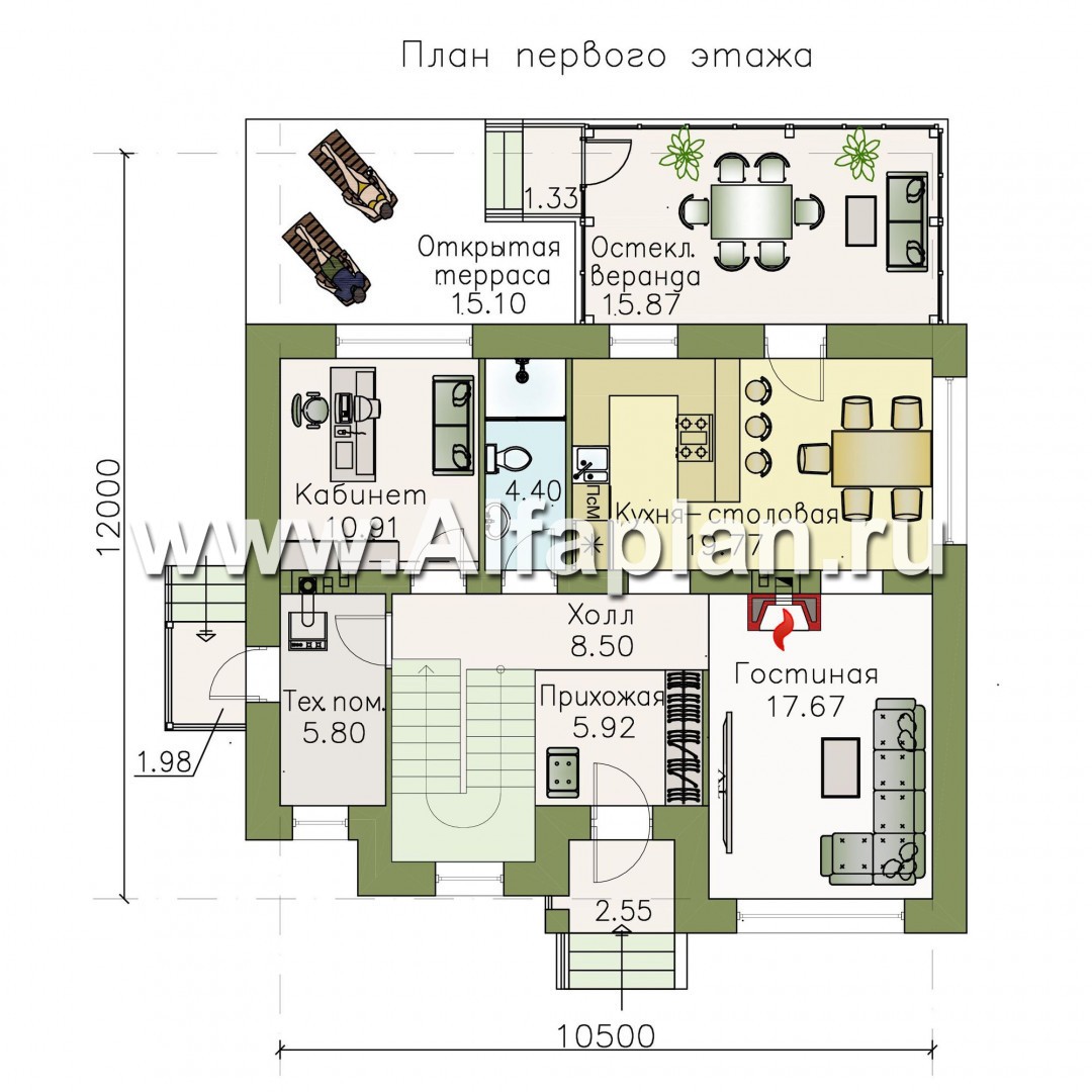 Проекты домов Альфаплан - «Лас Флорес» - проект дома с мансардой, с эркером и с кабинетом, с террасой, в стиле замка, оптимальная планировка дома - план проекта №1