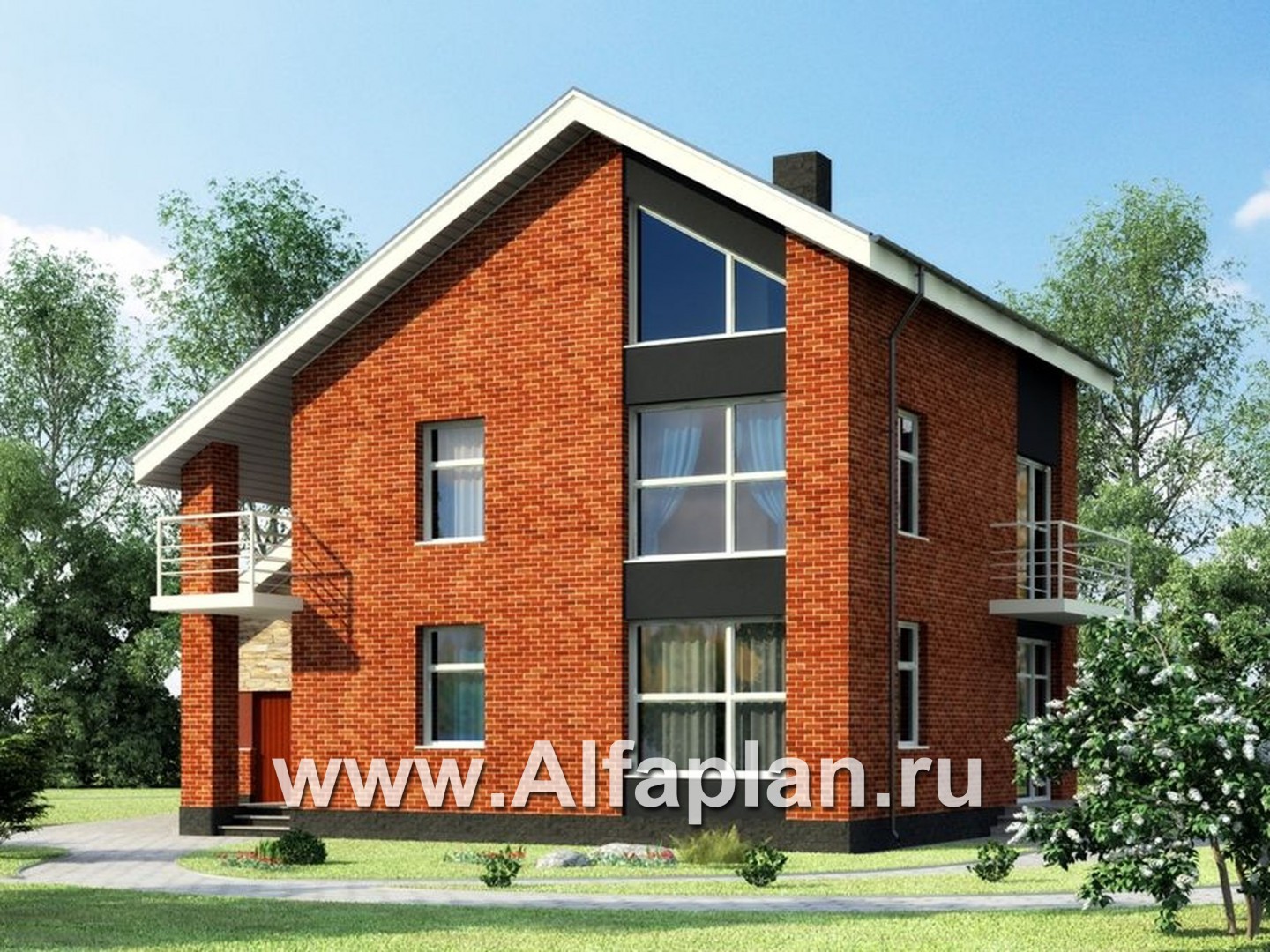 Проекты домов Альфаплан - Современный трехэтажный кирпичный коттедж - основное изображение