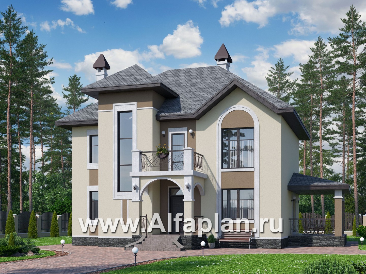 Проекты домов Альфаплан - «Разумовский» - элегантный загородный коттедж с террасой - основное изображение
