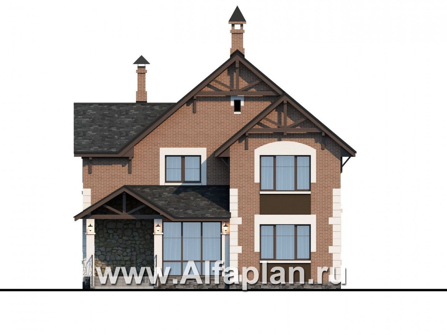 Проекты домов Альфаплан - «Плоды успеха» - проект двухэтажного дома, с террасой и балконом, кухня в отдельной комнате - изображение фасада №1