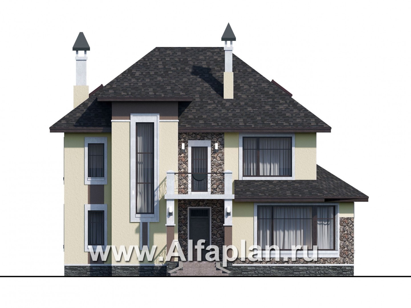 Проекты домов Альфаплан - «Разумовский» - проект двухэтажного дома, с эркером, с террасой и с балконом - изображение фасада №1