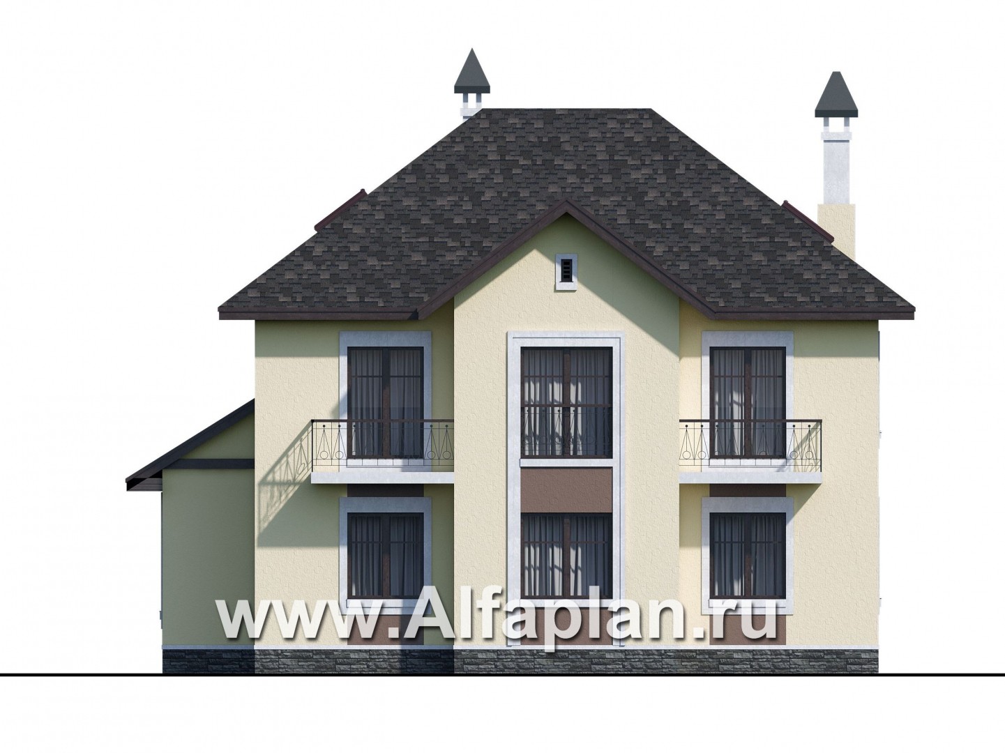 Проекты домов Альфаплан - «Разумовский» - проект двухэтажного дома, с эркером, с террасой и с балконом - изображение фасада №4