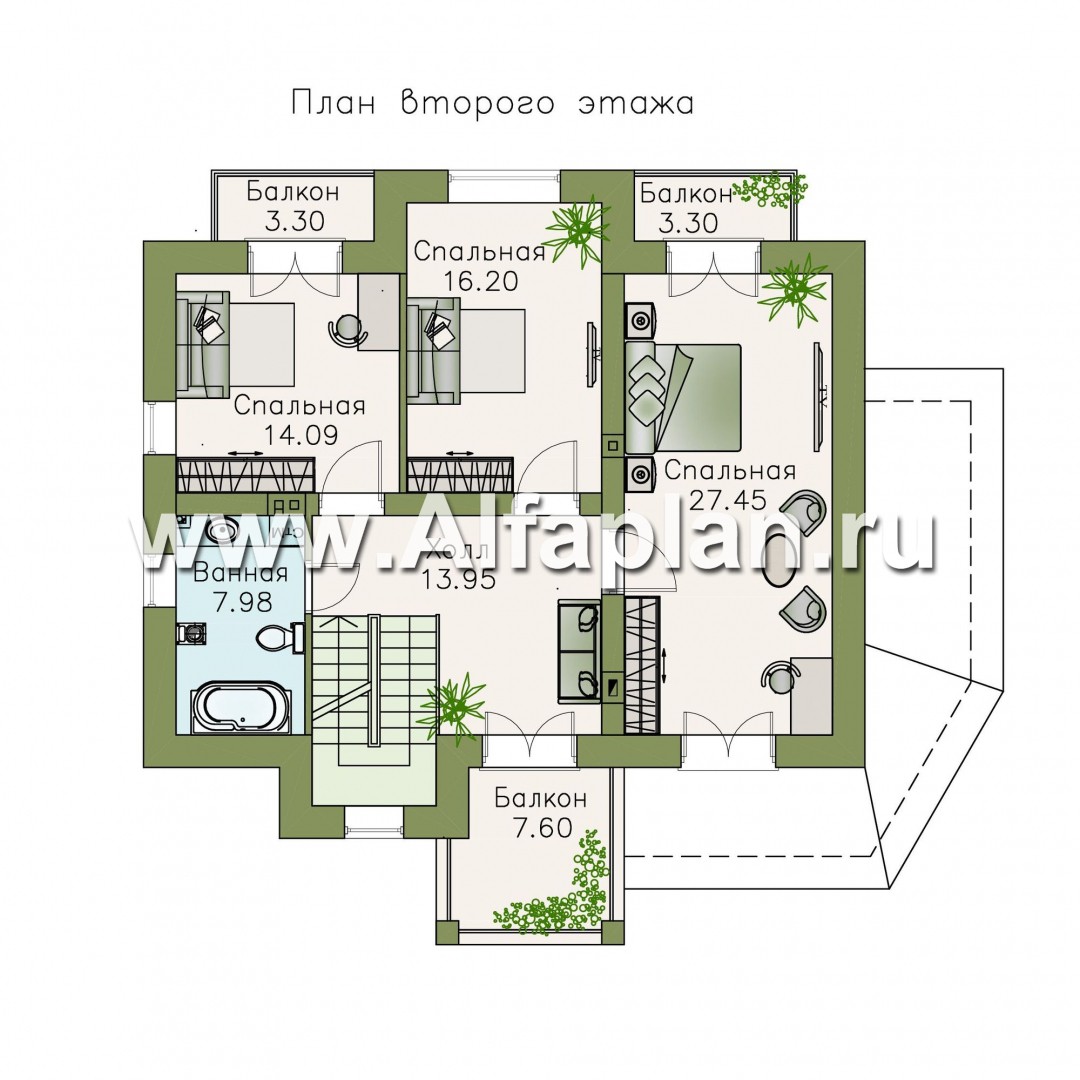 Проекты домов Альфаплан - «Разумовский» - проект двухэтажного дома, с эркером, с террасой и с балконом - изображение плана проекта №2