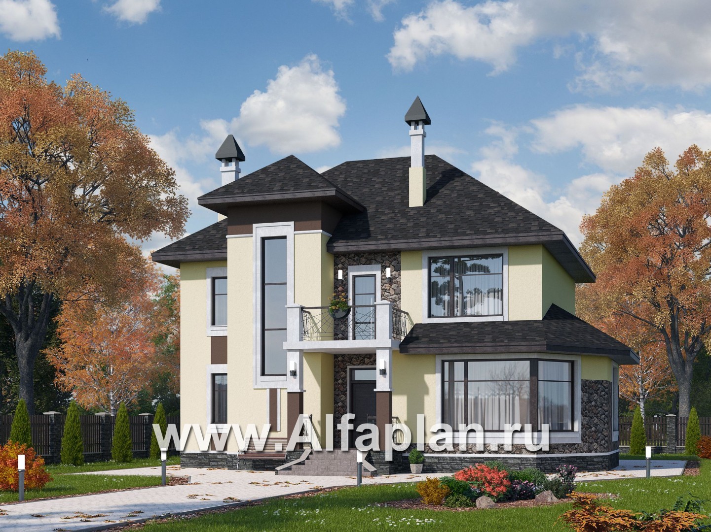 Проекты домов Альфаплан - «Разумовский» - проект двухэтажного дома, с эркером, с террасой и с балконом - основное изображение