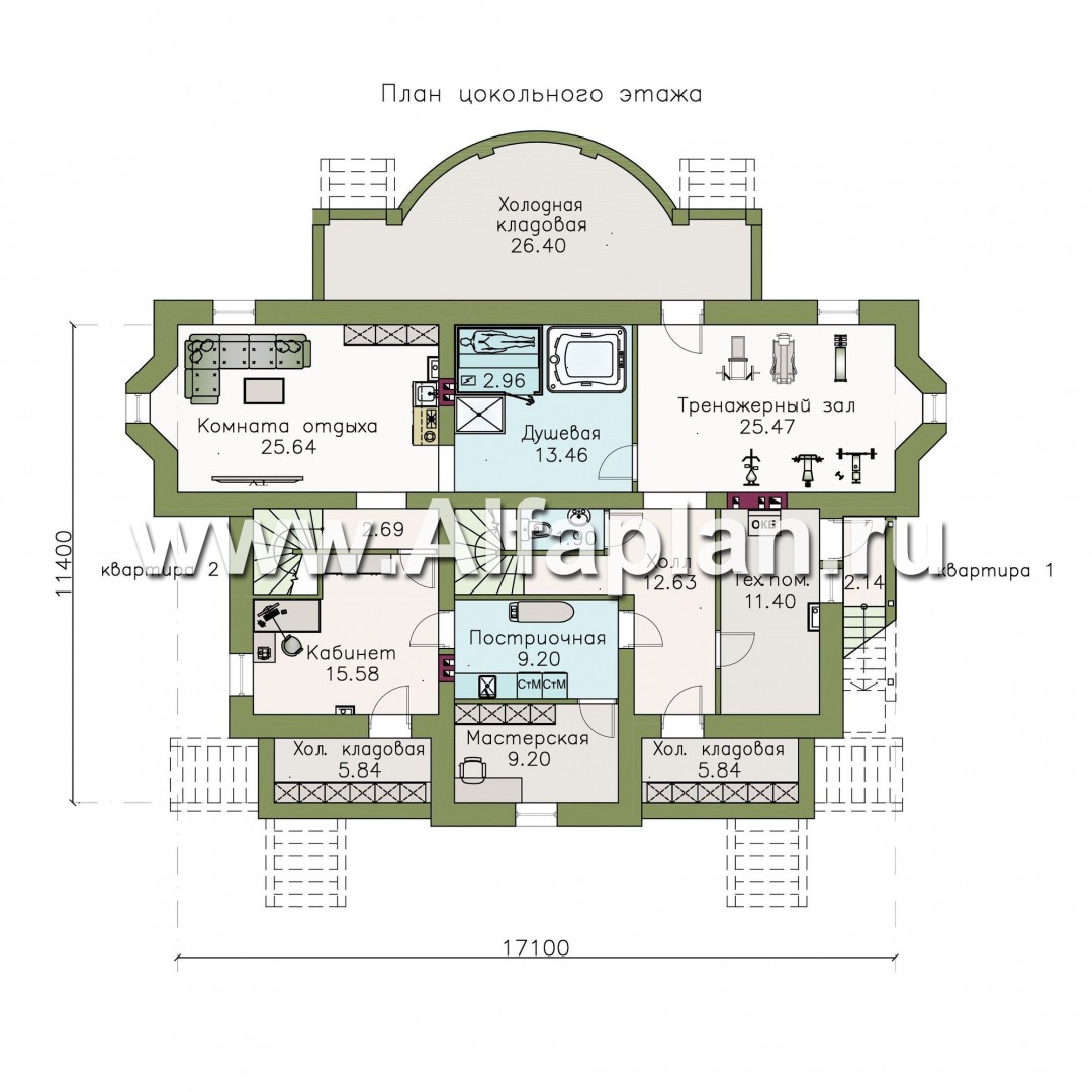 Проекты домов Альфаплан - «Родное сердце» - дом с цокольным этажом на две семьи для детей и родителей - изображение плана проекта №1