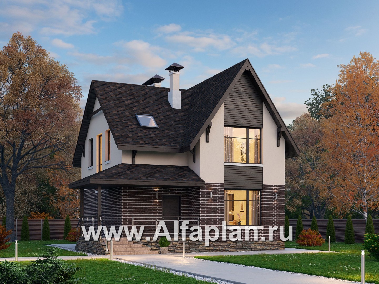 Проекты домов Альфаплан - «Оптима»- проект современного дома с мансардой, из кирпичей или газобетона - основное изображение