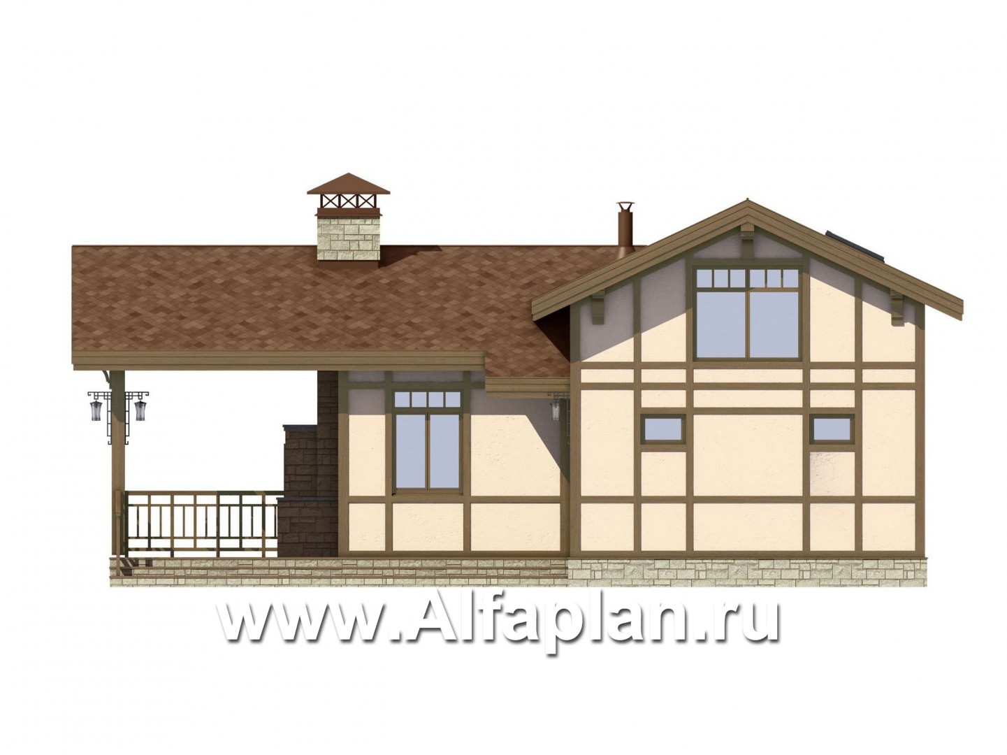 Проект дома с мансардой, из кирпича, планировка со вторым светом и с террасой, в стиле фахверк - фасад дома