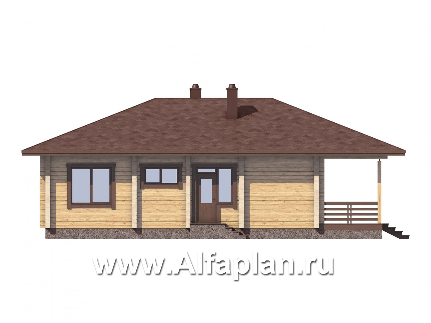 Проекты домов Альфаплан - Удобная дача из бревна с большой террасой и шатровой кровлей - изображение фасада №4
