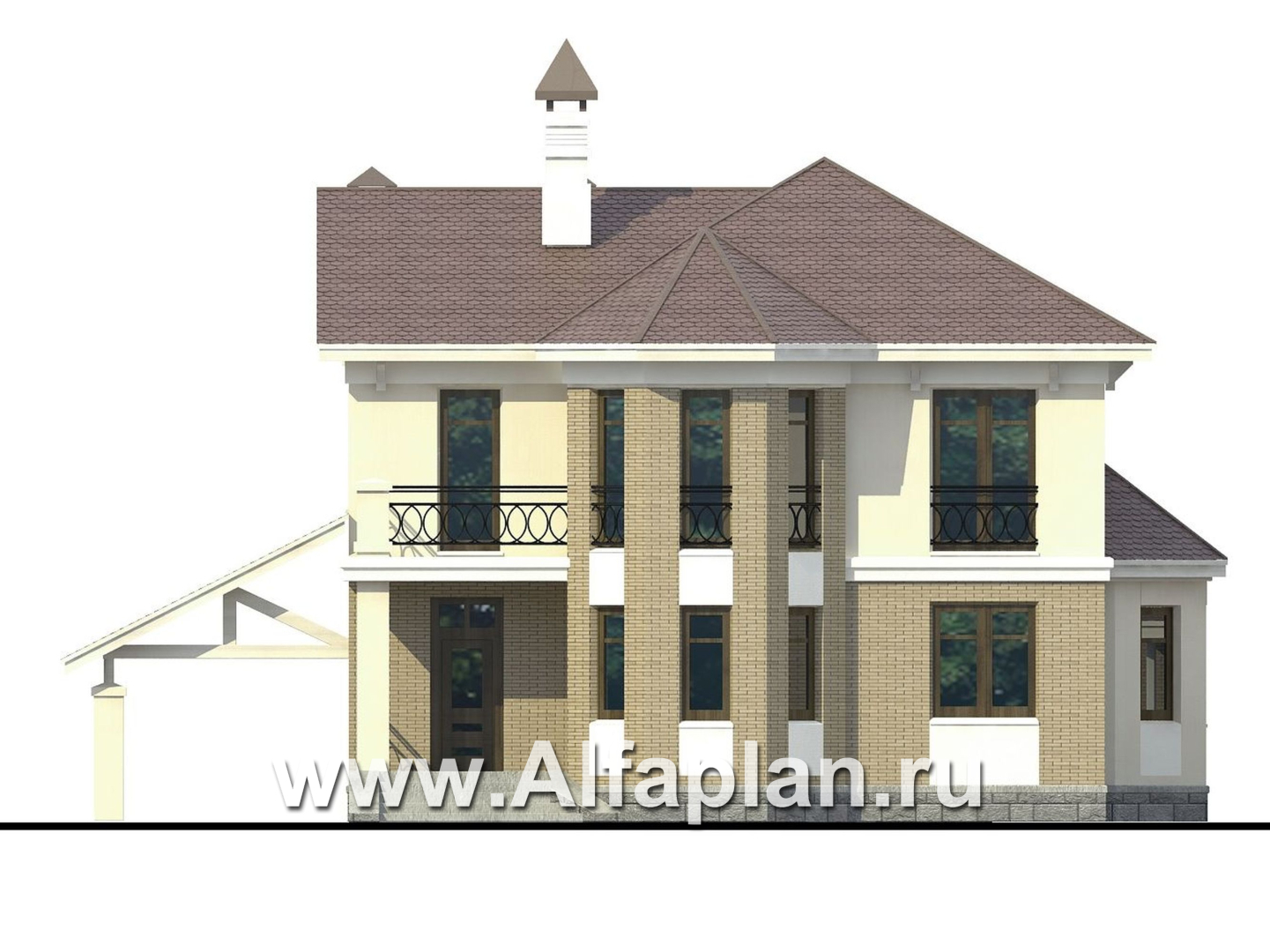 Проекты домов Альфаплан - «Классический»- двухэтажный особняк с эркером и навесом для машины - изображение фасада №1