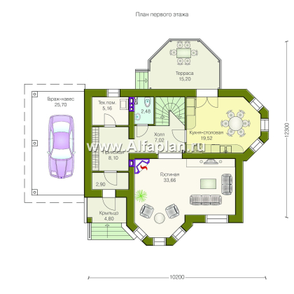 Проекты домов Альфаплан - «Классический»- двухэтажный особняк с эркером и навесом для машины - превью плана проекта №1