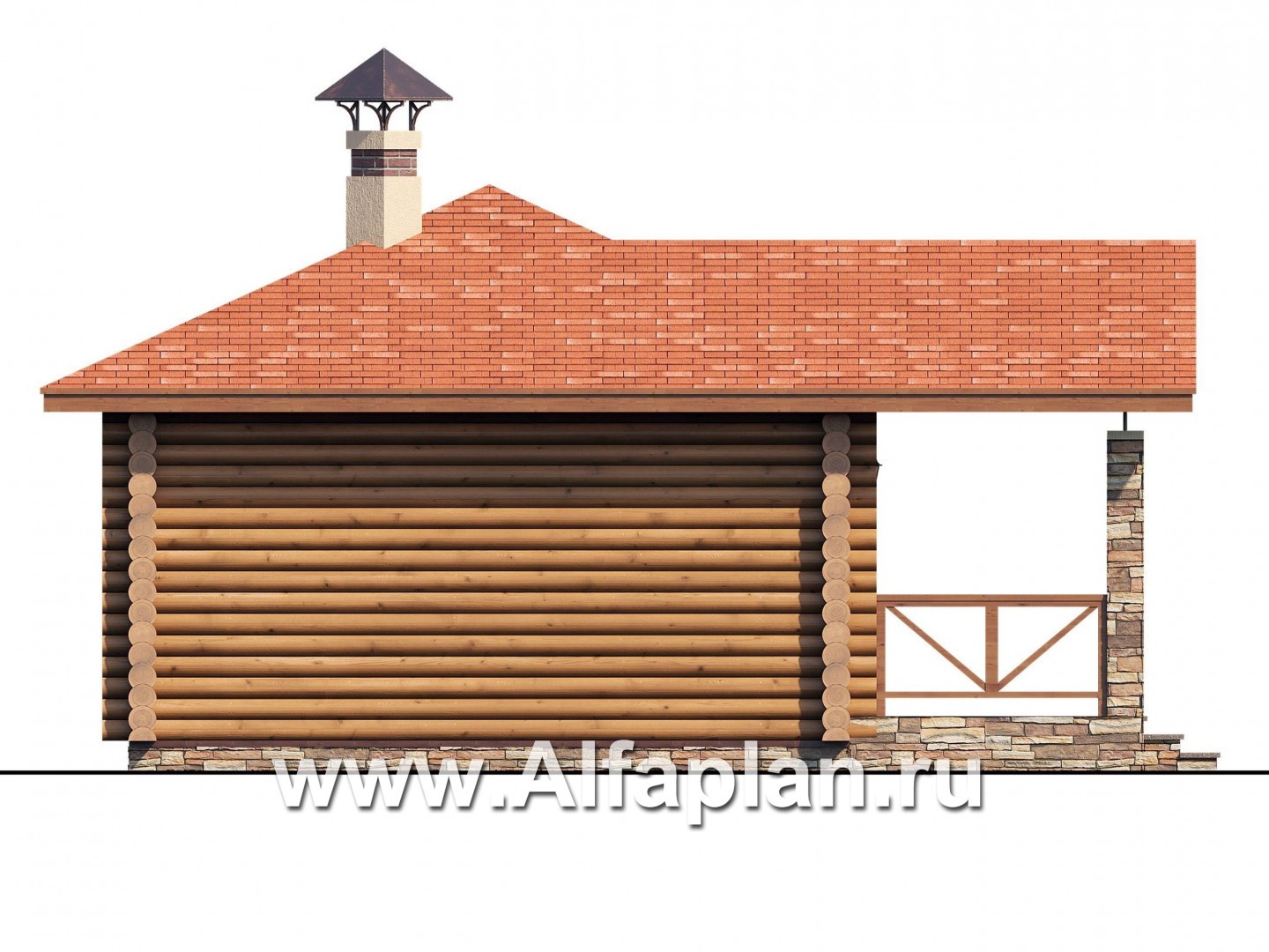Проекты домов Альфаплан - Проект бани, из дерева, из бревен, с террасой, с расположением в углу участка - изображение фасада №3