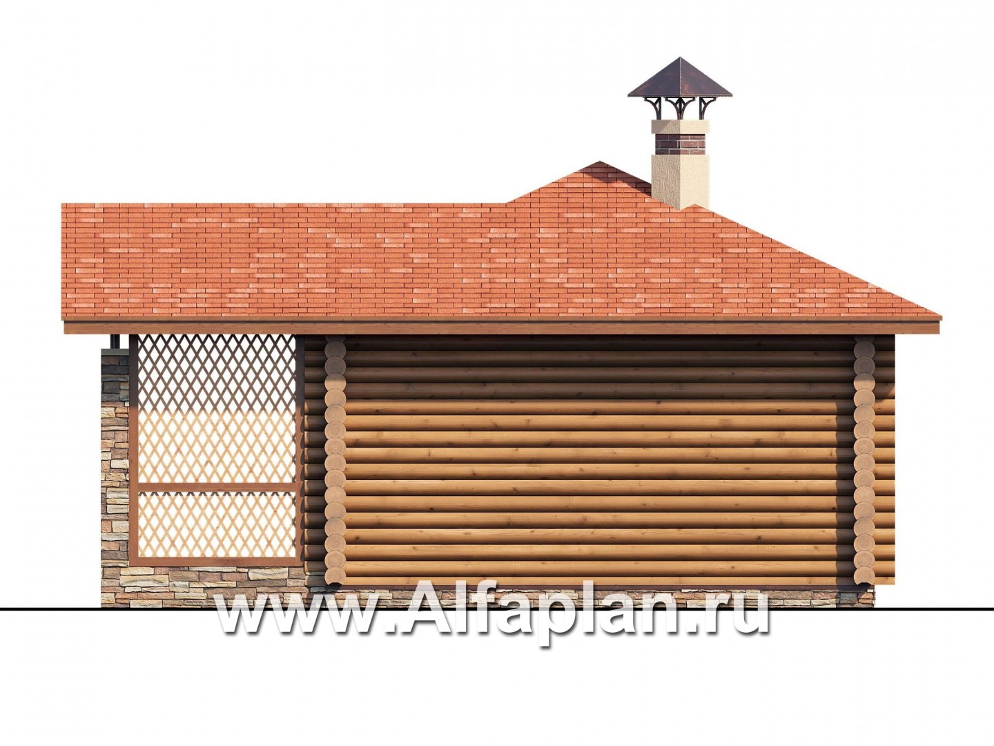 Проекты домов Альфаплан - Проект бани, из дерева, из бревен, с террасой, с расположением в углу участка - изображение фасада №4