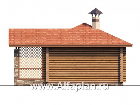 Проекты домов Альфаплан - Проект бани, из дерева, из бревен, с террасой, с расположением в углу участка - превью фасада №4