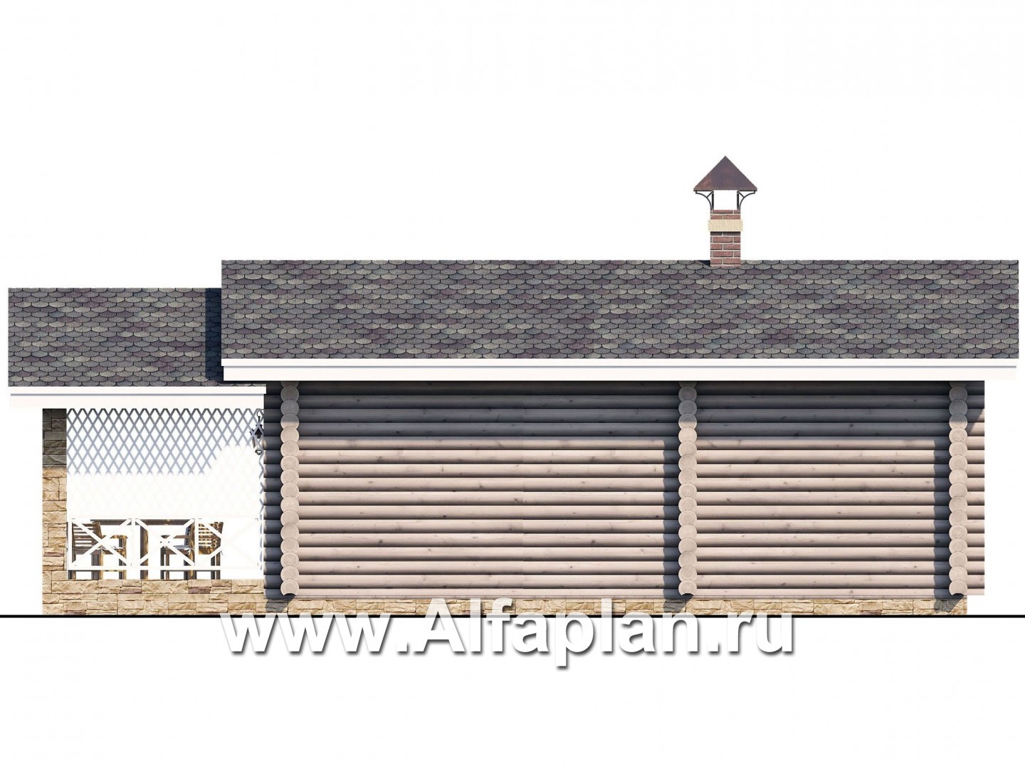 Проекты домов Альфаплан - Проект бани, из дерева, из бревен, с террасой, вдоль границы участка - изображение фасада №4