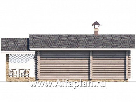 Проекты домов Альфаплан - Проект бани, из дерева, из бревен, с террасой, вдоль границы участка - превью фасада №4