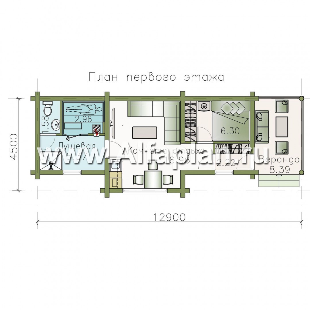 Проекты домов Альфаплан - Узкая деревянная баня с гостевой спальной - изображение плана проекта №1