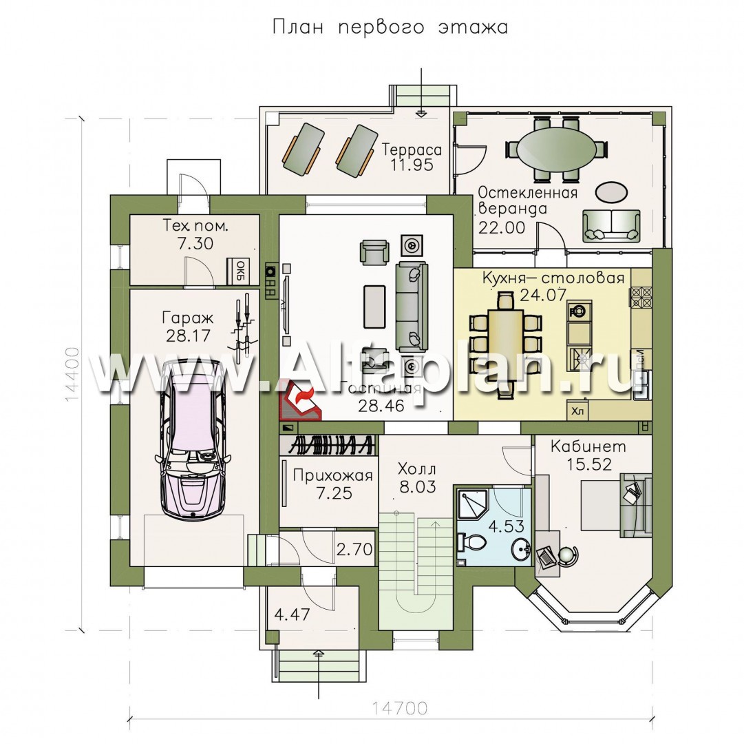 Проекты домов Альфаплан - «Оазис» - изысканный комфортный коттедж с гаражом - план проекта №1