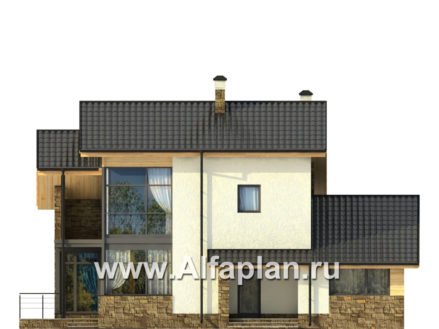 Проекты домов Альфаплан - Современный коттедж с угловым витражом - изображение фасада №1