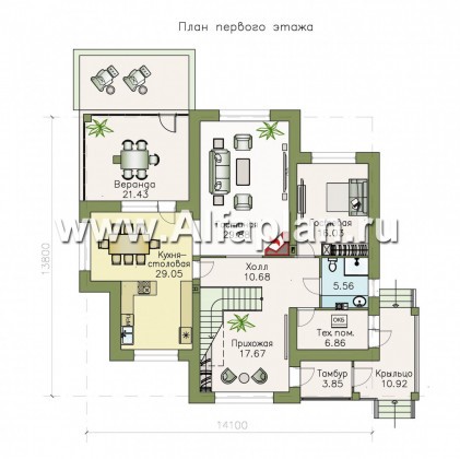 Проекты домов Альфаплан - «Аутентик» - комфортабельный двухэтажный коттедж с верандой - превью плана проекта №1