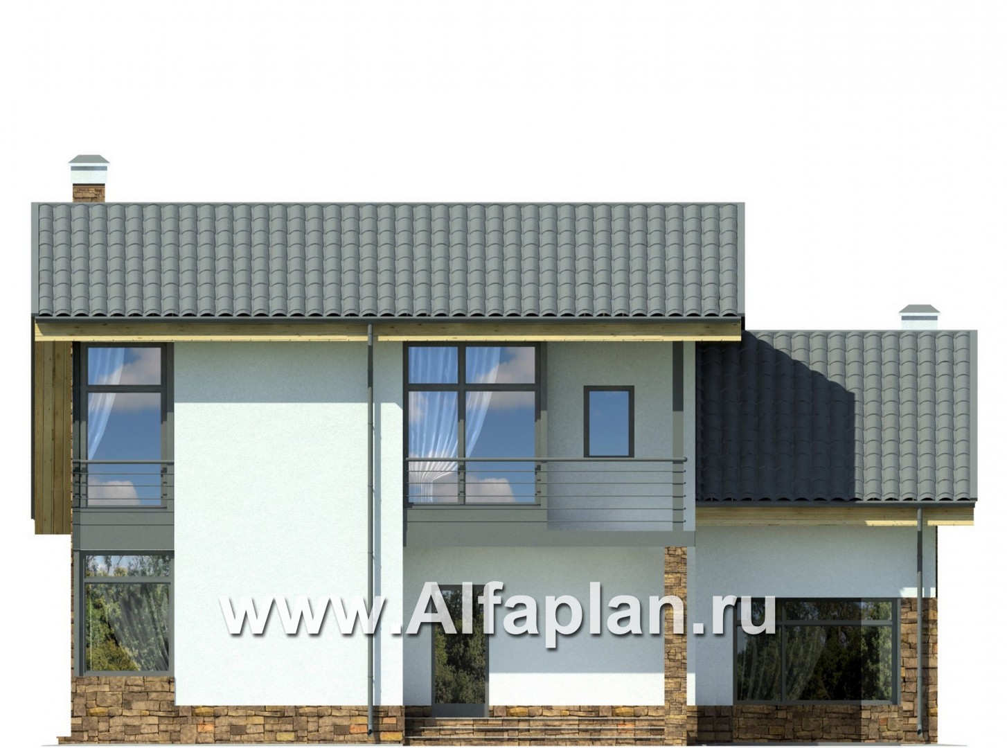 Проекты домов Альфаплан - Современный коттедж с угловым остеклением - изображение фасада №1