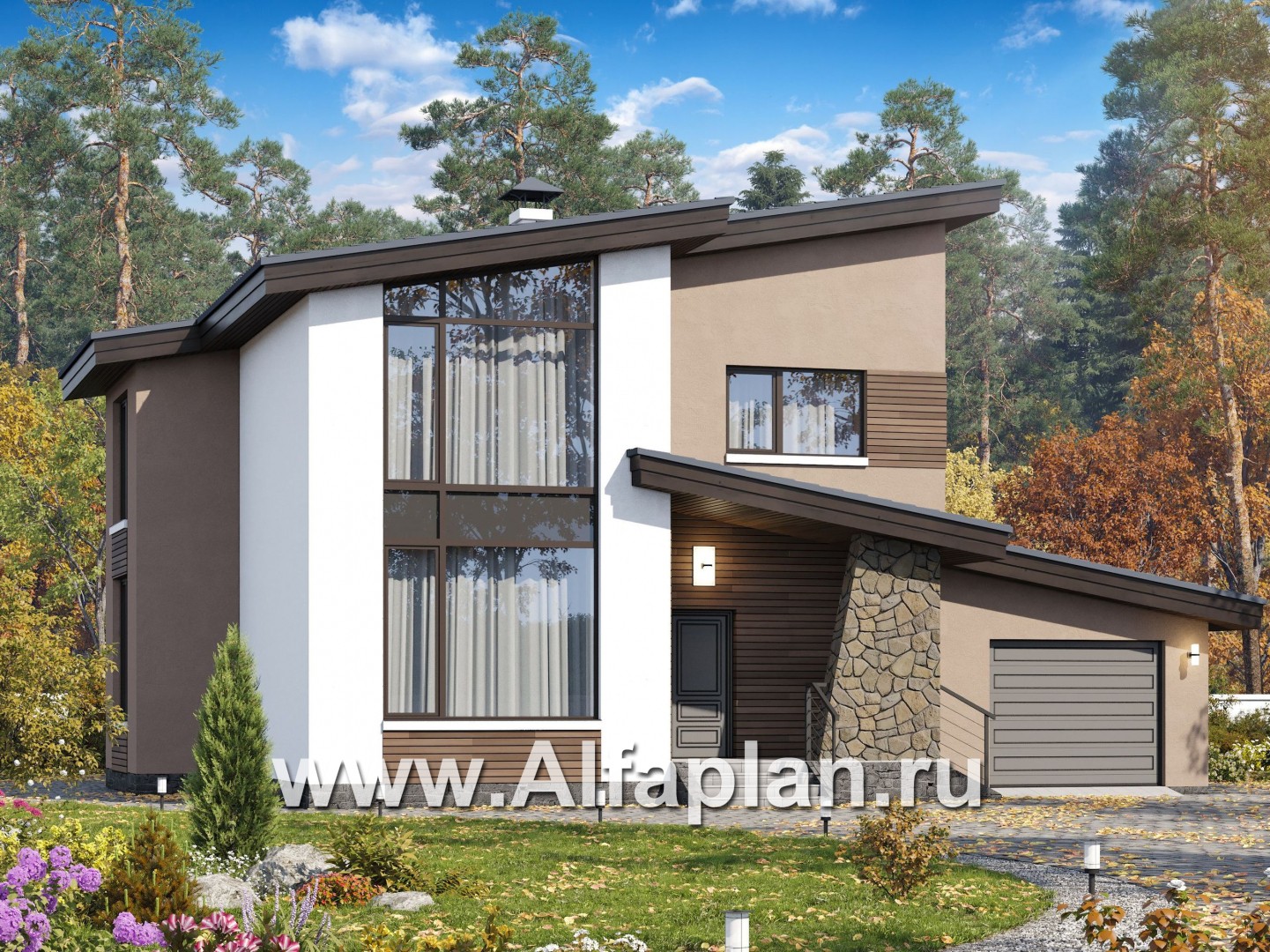 Проекты домов Альфаплан - «Борей» - стильный коттедж с односкатной крышей - основное изображение