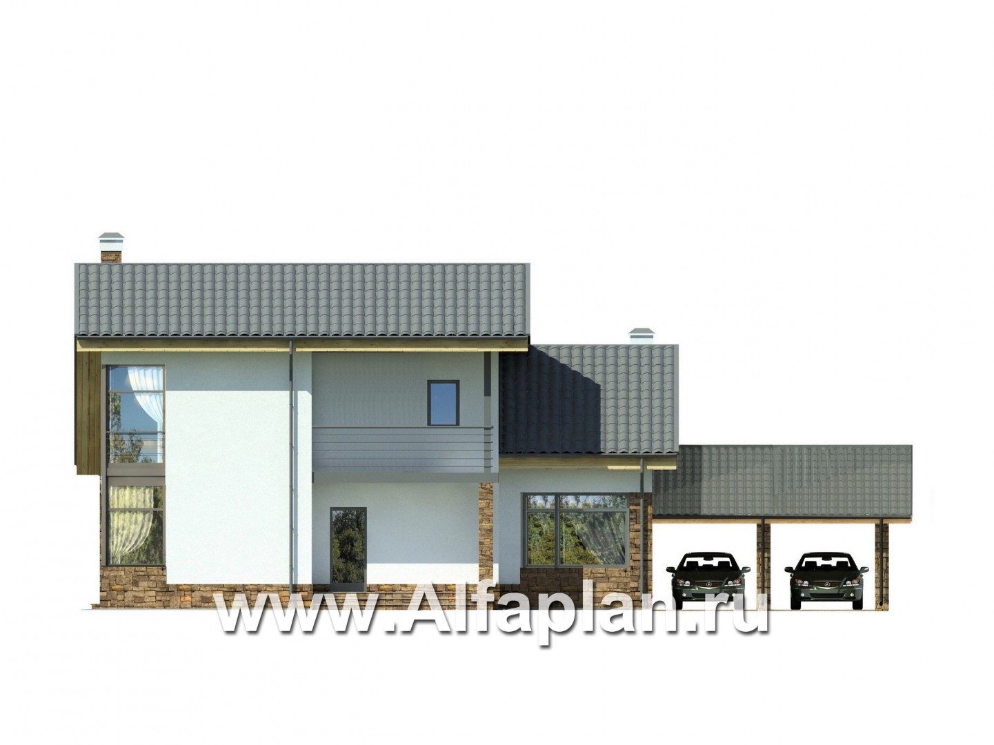Проекты домов Альфаплан - Современный коттедж с угловым остеклением - изображение фасада №1